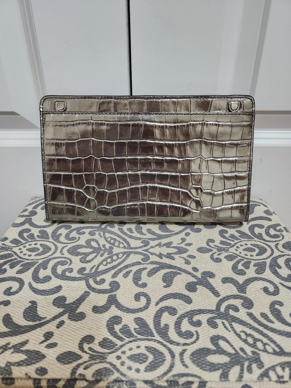 Michael Kors  Silver Metallic Crocodile Embossed Leather Crossbody Bag
